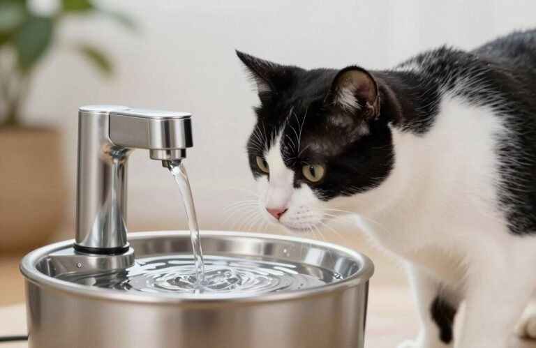 black and white cat drinking from a stainless steel water fountain