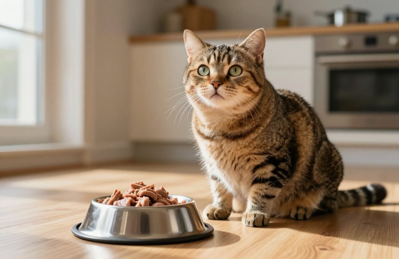 Cat sitting beside fresh raw food in a stainless steel bowl