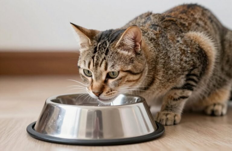 cat drinking from a stainless steel water bowl