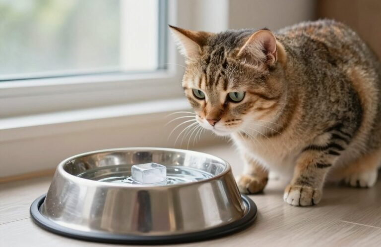 cat looking at an ice cube melting in stainless steel water bowl