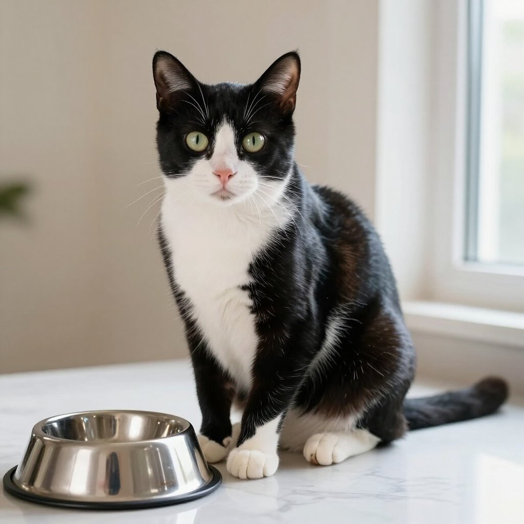 cat sitting next to a stainless steel food bowl