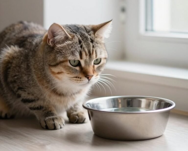 cat staring at a stainless steel bowl of water