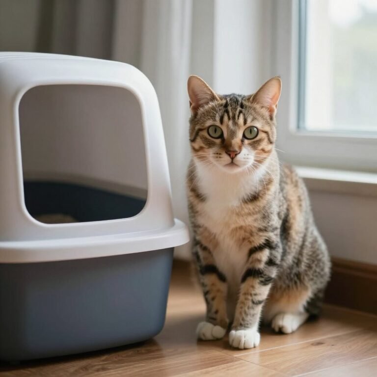 cat sitting outside a litter box
