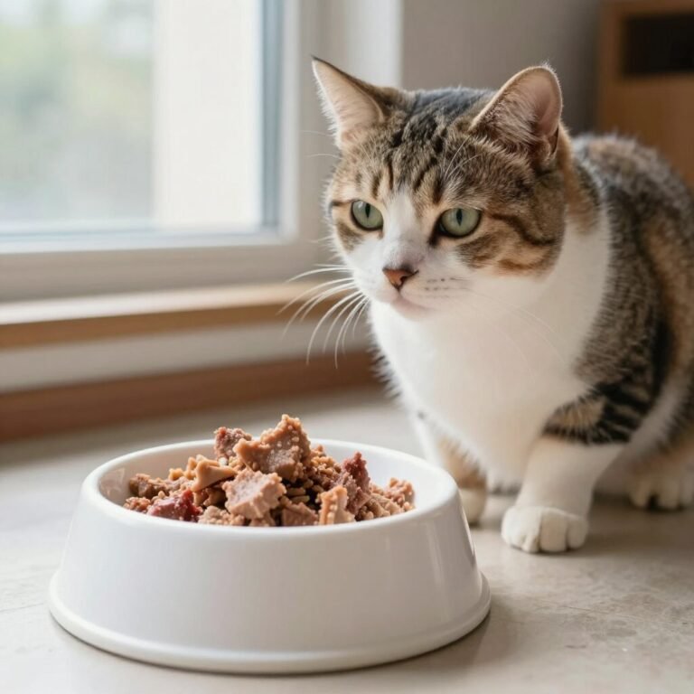 cat looking next to a full bowl of wet cat food but not eating