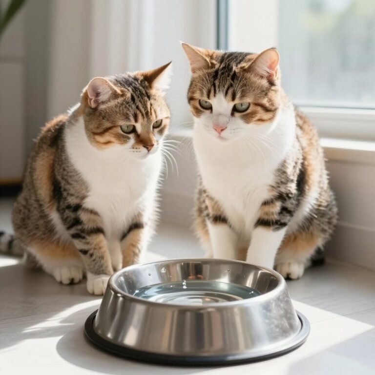 two cats looking at a stainless steel water bowl