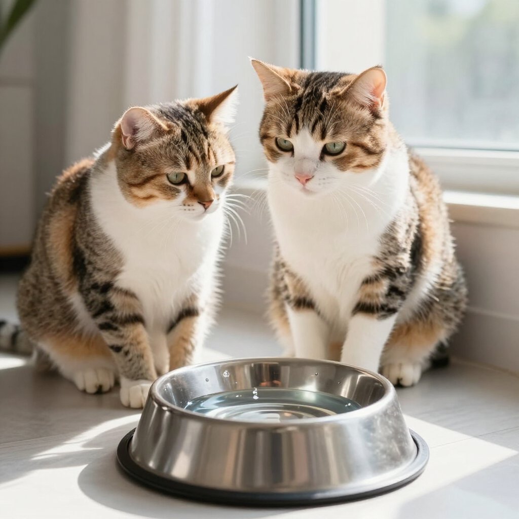two cats looking at a stainless steel water bowl