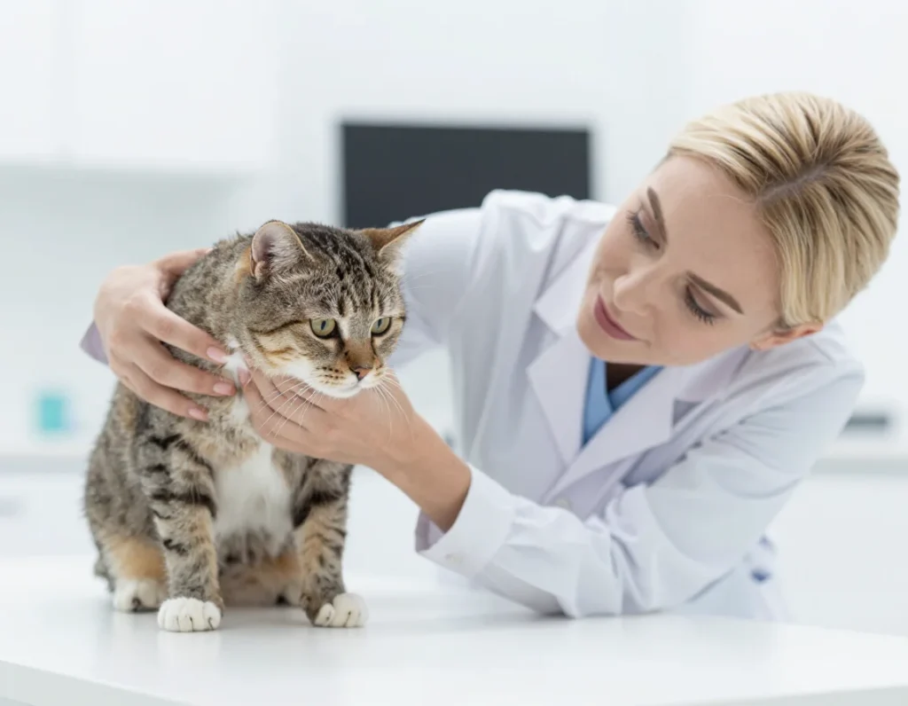 veterinarian examining a tabby cat